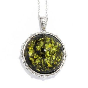 V3 Jewelry Sterling Silver with Green Amber Circle Pendant with 18" Chain